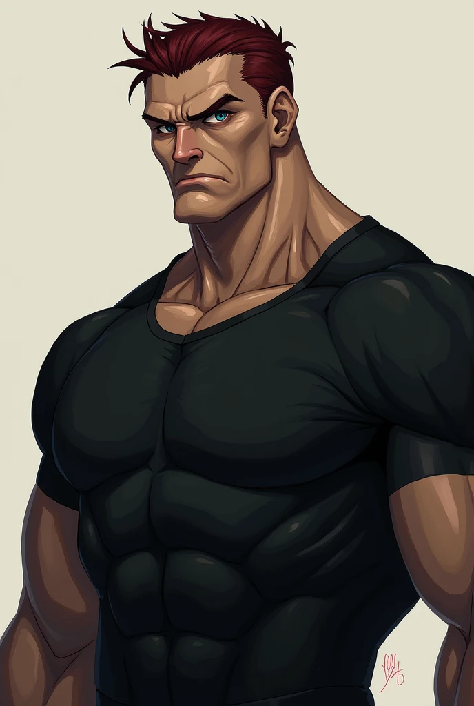 Create a 2D character with dark red hair and short dark blue eyes freckles on the nose He must be tall and strong and wear a black compression shirt. Hes kind of mad  . he is new