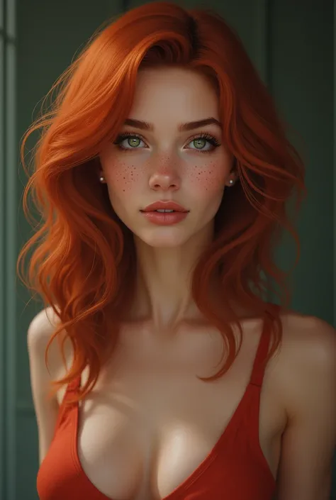  realistic ,  a girl with wavy hair and a redhead with green eyes with a pair of freckles on her cheeks, narrow waist and large hips and thighs 