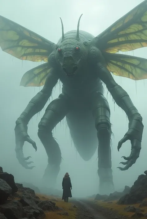 (((Giant titan with insect head and wings and several arms))), ((epic)), (((landscape))), (mist), (((realistic)))