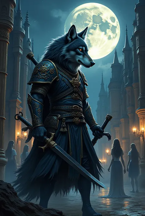  Night Wolf tattoo. in front of the palace there is a cute and handsome war wolf with weapons. girls without a bra from behind