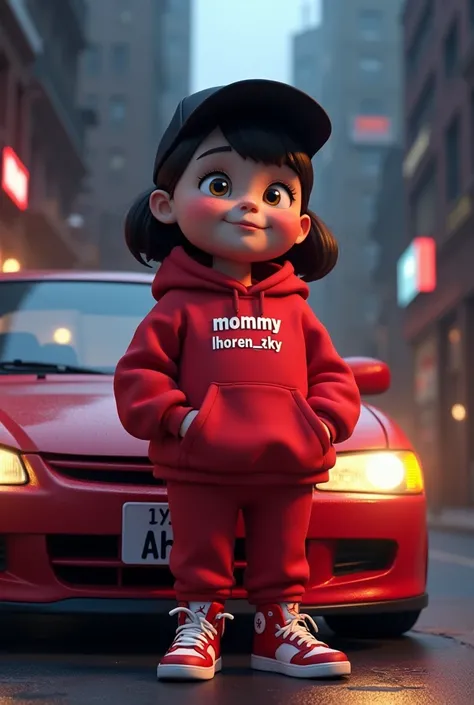 Chubby girl with red hoodie and black cap, Mommy Lhoren_zky text on hoodie,hoodie text with Mommy Lhoren_zky,the girl sita on the car,red car,jordan shoes,dark city,3d cartoon