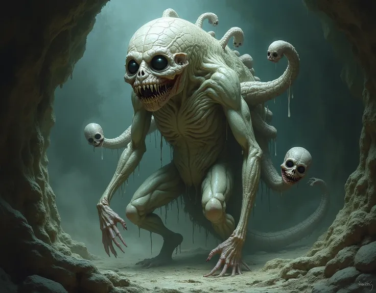 False Hydra, Human Headed Hydra, White Veiny Skin, Black almond shaped eyes, Dungeons and Dragons 5e, DND Horror, Creature Concept Art