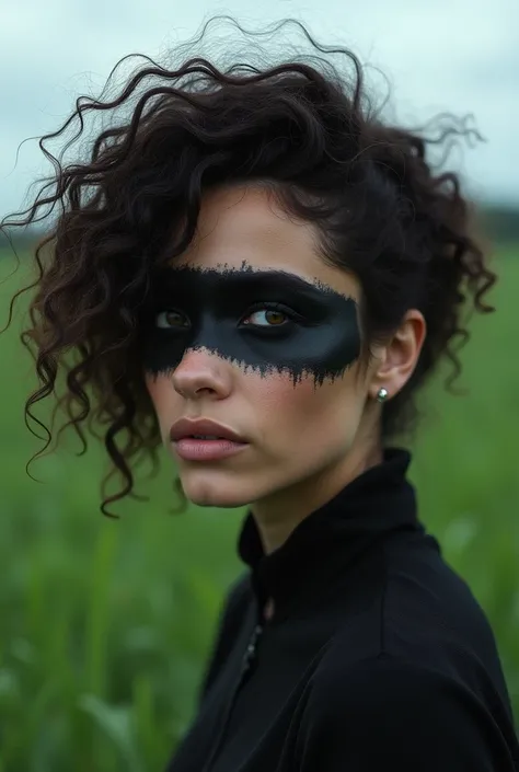 Selfie of a white woman with dark curly hair on the field with a black spot on her face almost all over