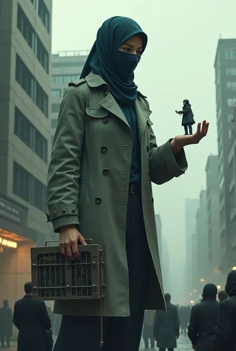 Giantess hijab wife in trenchcoat catches tiny people to put in tiny jail box. She hold one tiny in her hand.