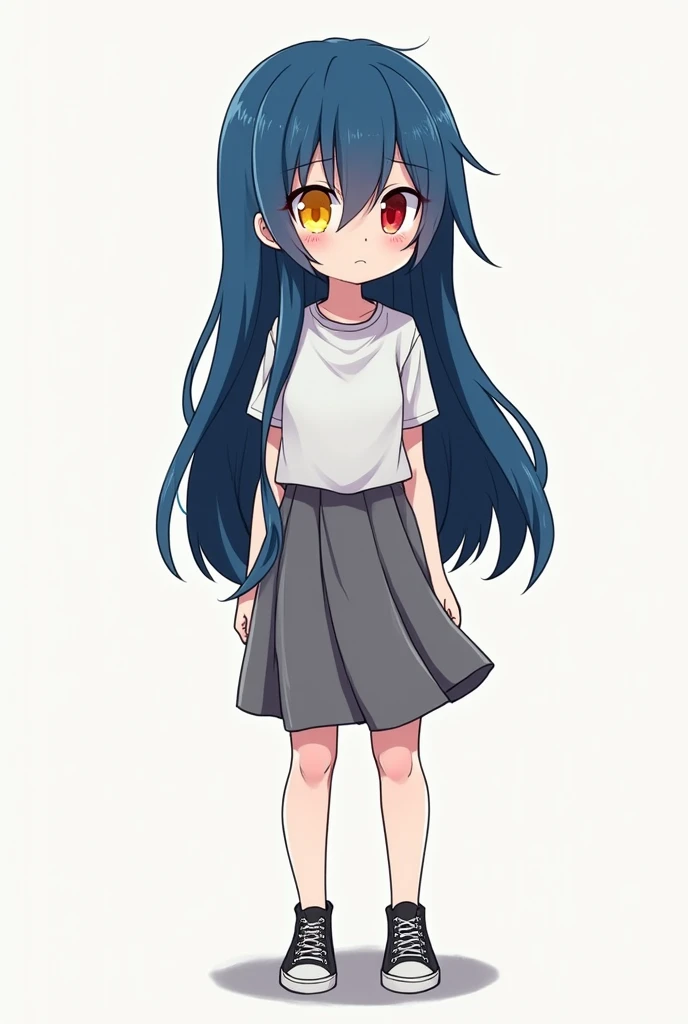 Create an imageI need you to create an image for me that is one with long blue hair she has to have a yellow eye and the other red I also need her to have a white t-shirt with a gray tank top and a gray blouse she has to have a skirt also a plain skirt and...