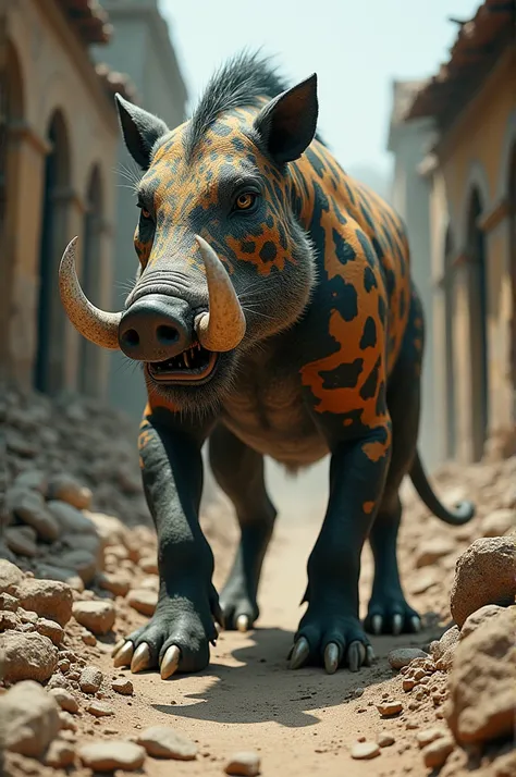  A creature with the fangs of a wild boar and its body completely painted like that of a jaguar.  She is set against a rocky backdrop , surrounded by old and dusty houses .