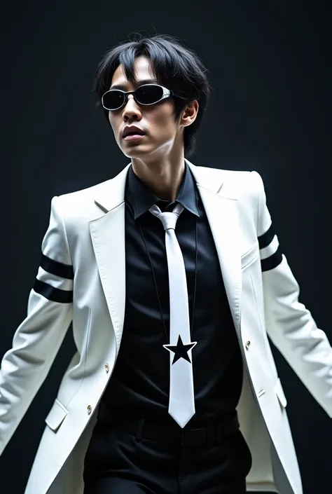 Shinichi Sakurai singing wearing a black shirt and white jacket with two black stripes on each sleeve of his hands and black swimming goggles with white visors hanging around his neck and a white tie with a black star in the middle 