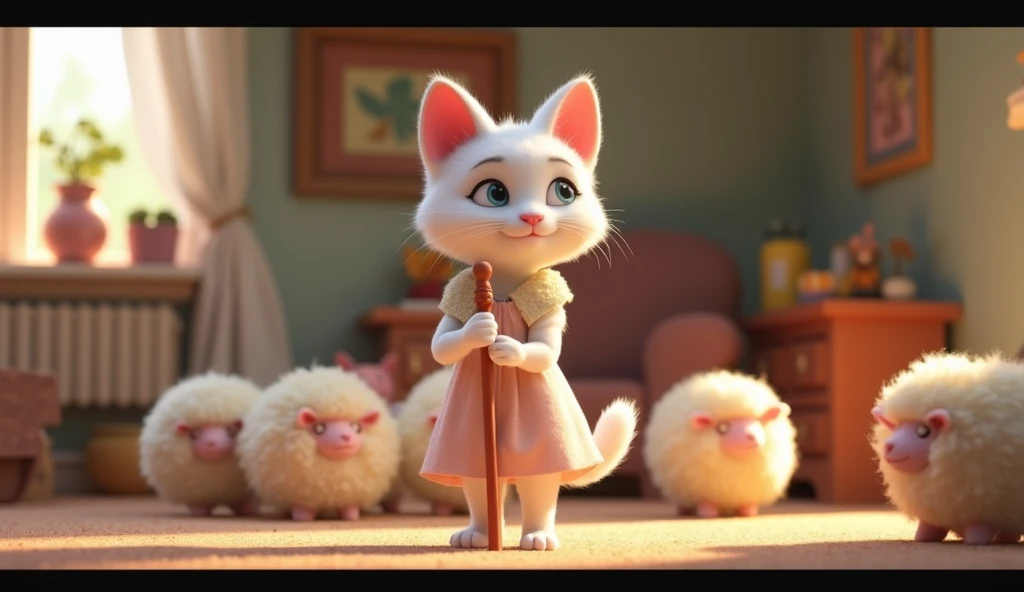 "Create a 3D Pixar-style image of Bo Peep white Cat, a graceful pink tabby in a soft pastel dress, standing with a shepherd’s crook and surrounded by her flock of plush sheep toys." in a cozy room,