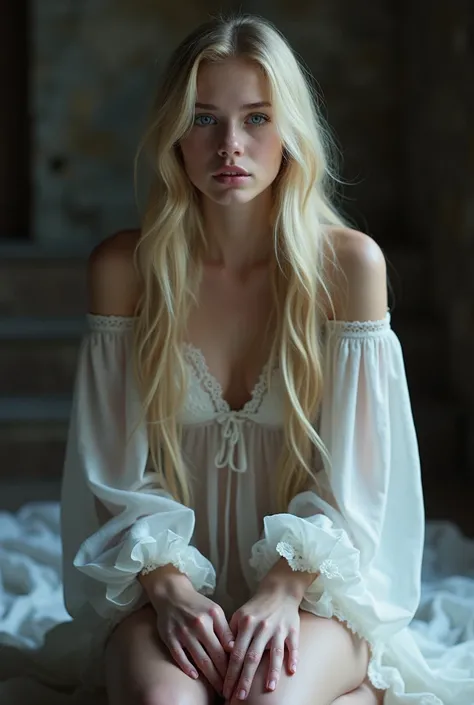 Realistic full body image of a beautiful girl, with white skin, long straight blonde hair, blue eyes, pink and full lips, on her knees in surrender, delicate face, dressed in a demure white lace nightgown, hands under her thighs, submissive position, envir...