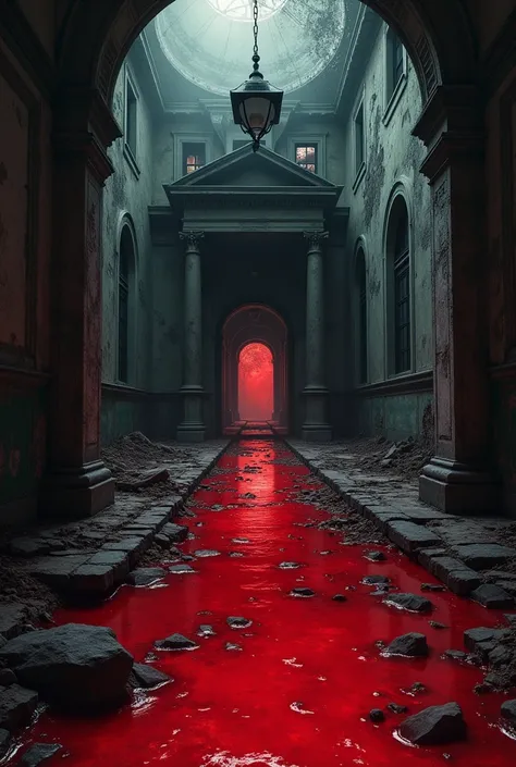  Scary dark old old house interior flooded with red liquid on the floor like a river