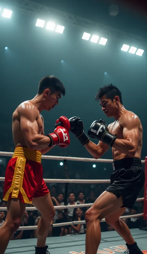  Create a realistic image of Ippo and Sendo in a boxing ring illuminated by floodlights.  Ippo is in a defensive position ,  with red gloves and sweat dripping down his face , while Sendo ,  with black gloves ,  is in an offensive posture ,  ready to deliv...