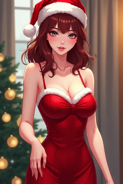 Manhwa anime cover. Woman with shoulder length hair, dark red wavy,  pale white skin ,  slanted greyish eyes, voluptuous. red christmas dress,  Christmas hat