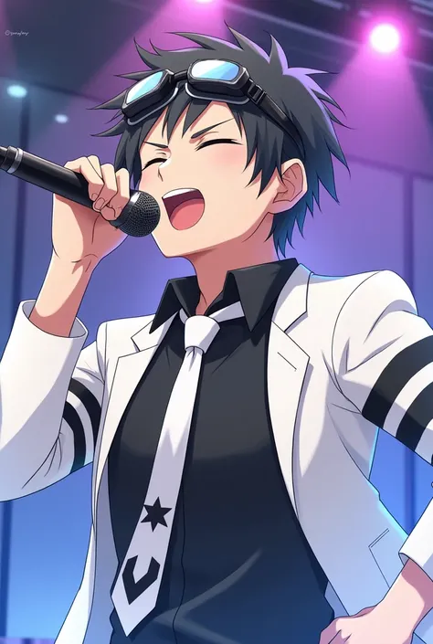 Shinichi Sakurai singing wearing a black shirt and white jacket with two black stripes on each sleeve of his hands and black swimming goggles with white visors hanging around his neck and a white tie with a black star in the middle anime style 