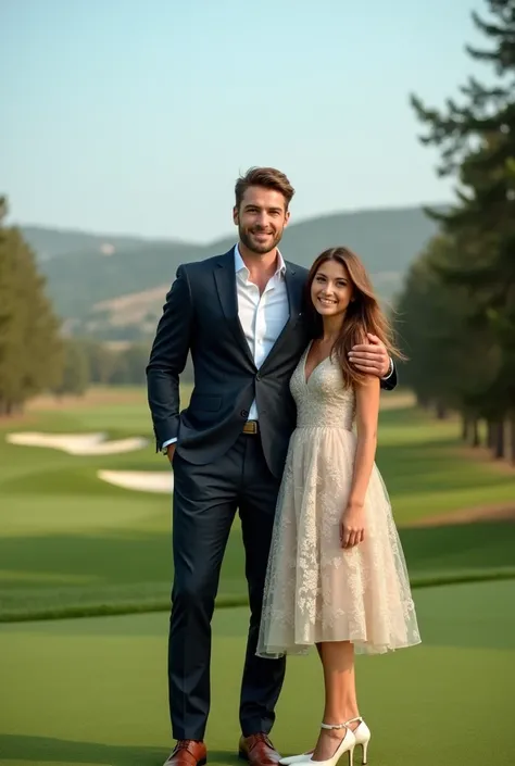 Handsome man with his beautiful daughter standing on a golf course 