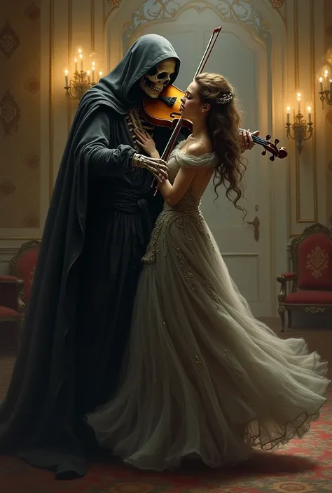 Death with violin while a couple of lovers dance 