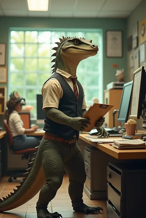 Make me a video of the Komodo dragon shift manager and his working day