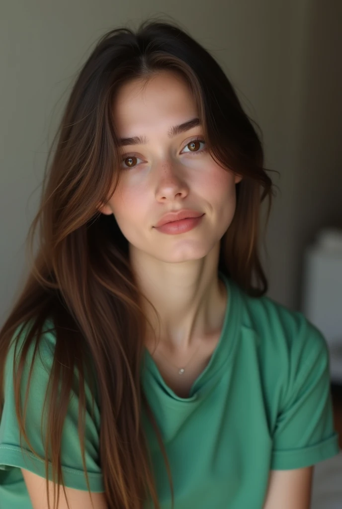 Hyper realistic,4k, a beautiful young woman with long, straight hair, 18years old, medium breasts, sitting sexy next to her friend, friend on top of a bed, one photo, tumblr, green shirt, brunette skin impecável, Perfect smile Vogue, Aleksandra Waliszewska...