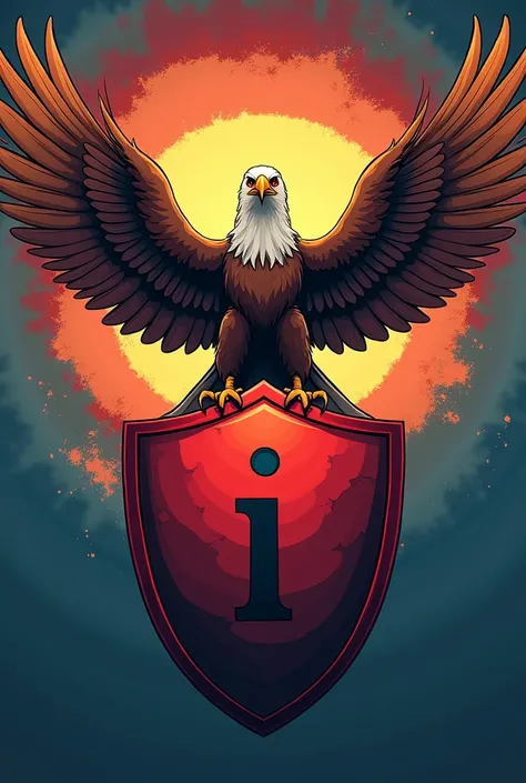  Make an eagle spreading its wings on top of a shield  , In this shield is the highlighted letter  "I"  make one side of the shield red and the other side black , Make it in HD .  Make it in a Cartoon style. A gamer logo  