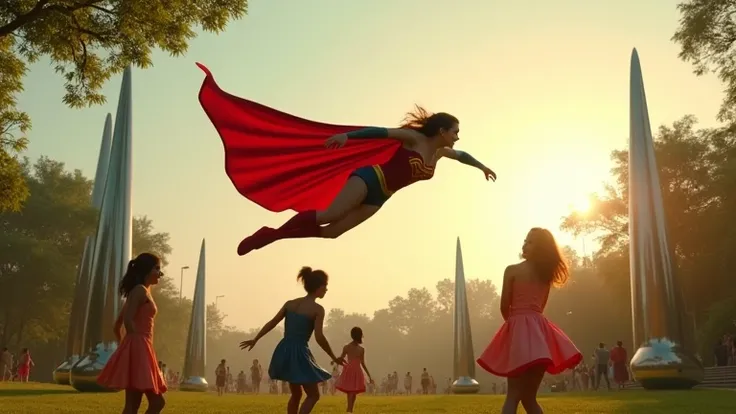 Flying Over a Park with Girls Playing Superwoman glides through the sky above a retrofuturistic park filled with lush greenery and chrome sculptures of atomic-era designs. Below, girls dressed in 1950s-inspired dresses twirl and laugh as they play under th...