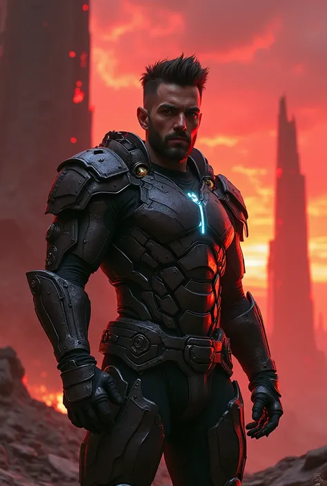 Handsome man with undercut and stubble, wearing a doom eternal game doomslayer style armor , in a helldivers setting and painting.