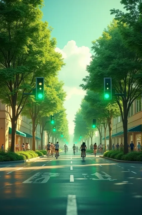 Car-free street ,  full of green traffic lights 