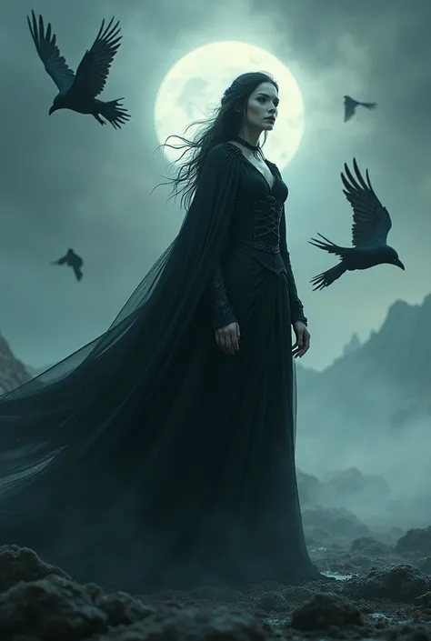 make a prompt, with the theme "Goddess of Death", with crows around, perfection in the details, intense colors, perfection in the environment, cinematic 4k photo.