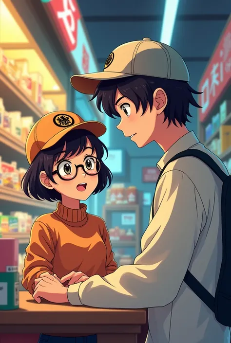 Make an anime drawing about a young Otaku woman wearing a poleron and a dragon ball cap with glasses at a mini market with her young boss 