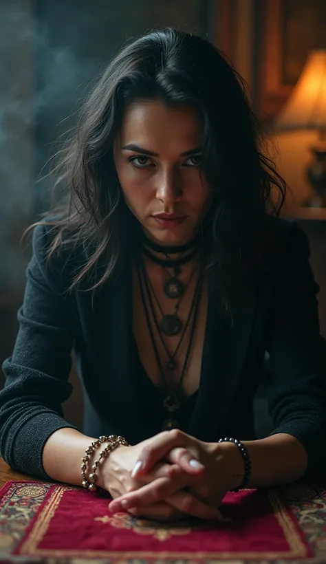 a psychic, with cards under the table, she is sitting at the fortune tellers table looking directly at the camera. Realistic image with high quality 8k.