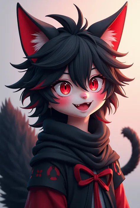 Male, Fully Black Anthropormorphic Kemono Cat Furry with messy black hair, along eith red highlights on the tip of his hair, red eyes, small pink blushing, smiling, with a 6 foot long, thick black, fluffy, furry, tail, and semi big cat ears