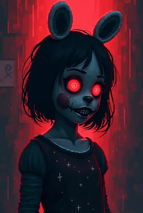 Generate a 2D PIXELART of a girl from FNAF ,  make it terrifying and hyperrealistic to the movie