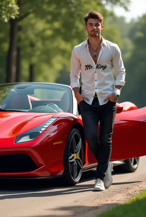 the beautiful Ferrari car approach after it came forward the handsome boy come out from the car Wearing black jeans and white shirt the name Mr.king Written in front of the shirt then he smile