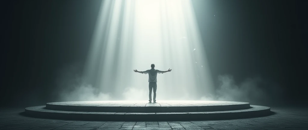 " A lonely man standing in the center of an elevated platform ,  with open arms in a gesture of surrender or triumph ,  surrounded by minimalist darkness .  Intense beams of white light descend from above ,  illuminating it dramatically and creating an atm...