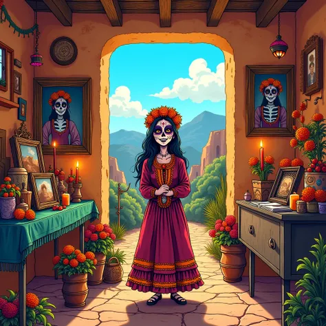 Generate an image of a Mexican lady from La Sierra celebrating Day of the Dead with her ren at the altar in comic style