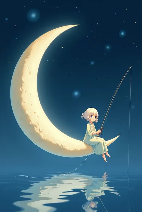 Anime girl sitting on moon,fishing