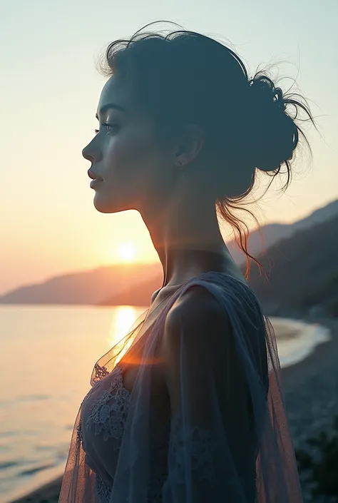  HIGH QUALITY, 8K ultra HD, Una hermosa double exposure que combina una silueta de diosa con la costa al atardecer,  the coast at dusk should serve as a backdrop ,  with its details incorporated in the goddess , sharp lines, The background is monochrome,  ...