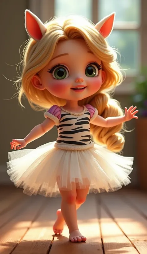 Disney Pixar Rapunzel baby style character , With a white tulle skirt with black as a zebra standing so that she has dancing movements 