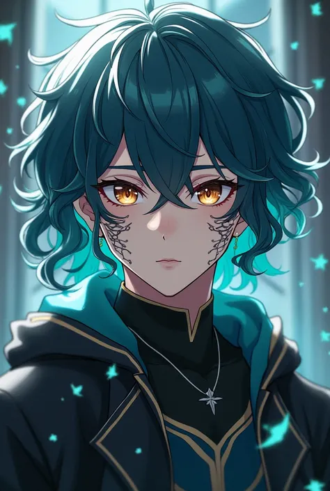 amale, with fluffy wavy hair coloured with steel colour up to his ears, he have iron magical tattoos on his face, brown steel eyes and wears a black Slytherin uniform with white details on it, a anime version.