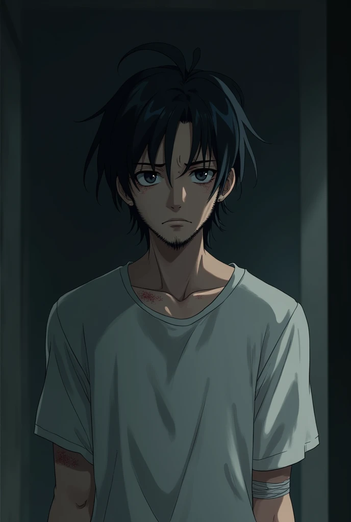  A sad and depressed character with a hair down a young adult man with a tired look looking stripped, Do it with a blouse and with some minor bruises and bandages do it in the dark anime traits
And also make him with a beard a grown man 