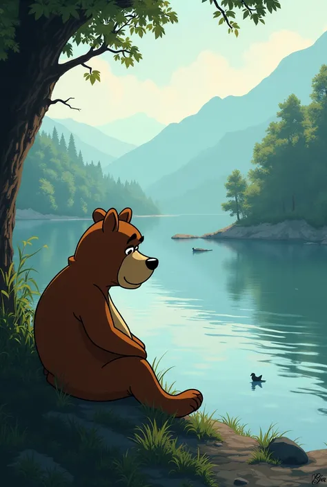 Create me images of the sad and thoughtful Yogi Bear on the shore of a beautiful river