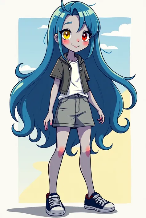 Create an imageI need you to create an image for me that is one with long blue hair she has to have a yellow eye and the other red I also need her to have a white t-shirt with a gray tank top and a gray blouse she has to have a skirt also a plain skirt and...