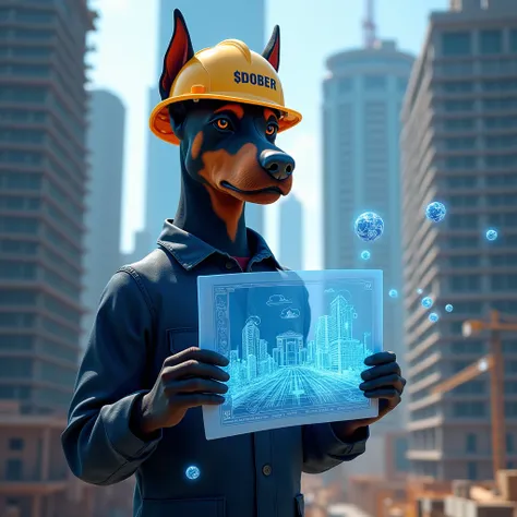 A hyperrealistic image of a Doberman with a human body, holding a glowing blueprint of a futuristic $DOBER city. He’s wearing a hard hat with the $DOBER logo, standing at a construction site with towering skyscrapers in the background. Holographic designs ...