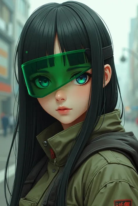 Character who wears a green visor on his right eye and who wears a gabardine in addition to having straight anime-style hair 
