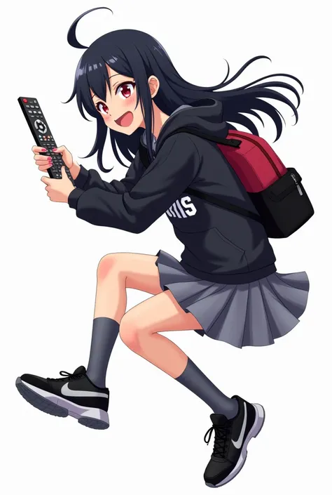  Teenage woman looking forward and black hair standing on her front and legs and wearing sporty black leather shoes and gray knee-high socks Y black hooded poleron with white lettering "Athletic-style " Font "LCCP "  on the chest with and with backpack Red...