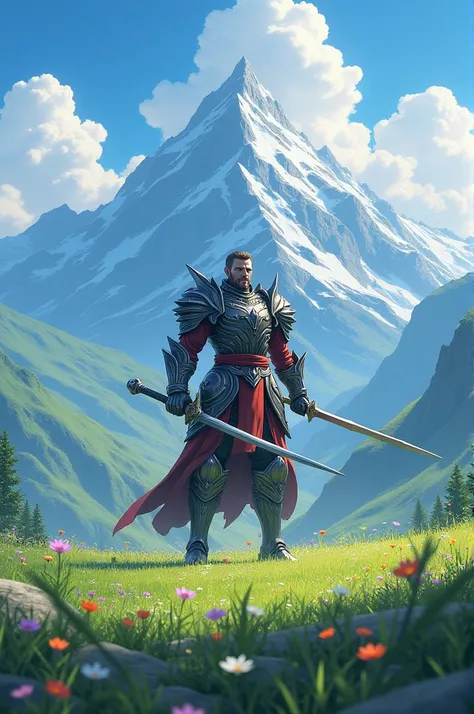 Landscape with mountains in the background and a field with a warrior who shows strength and determination in the middle of the field in anime style 