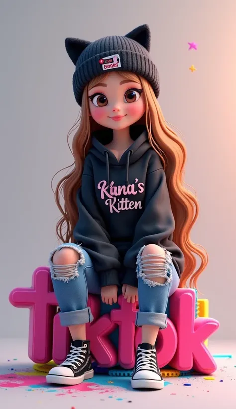 1. Create a 3D illustration of an animated character a girl with long hair sitting relaxed on top of the  social media logo "Tiktok". The character must be a black hoodie with the letters "Kanas Kitten" written on it, ripped ripped jeans, and sneakers, wea...