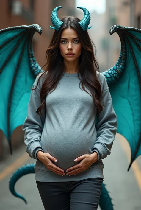  Make a male character who is pregnant with triplets and is 9 months old by the name of Angel Shiloh with long dark brown hair ,cyan eyes, dark gray pants and is wearing a wide sweatshirt because of a big belly is a dragon with wings that go far from the f...