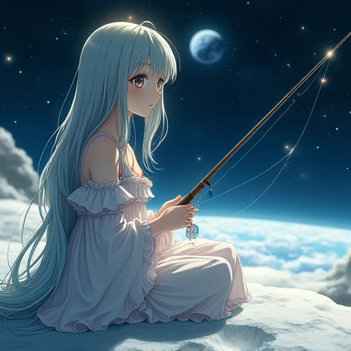 Anime girl sitting on moon,fishing,close view