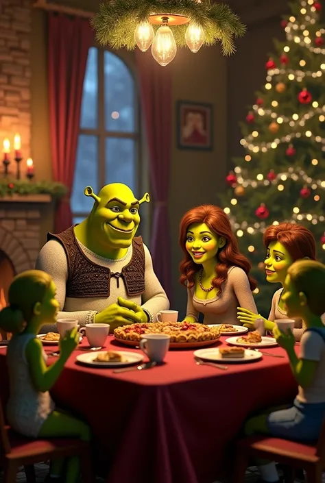  Shrek his wife Fiona Verde ,  their three ren who are identical to their father Shrek, everyone at Christmas dinner  