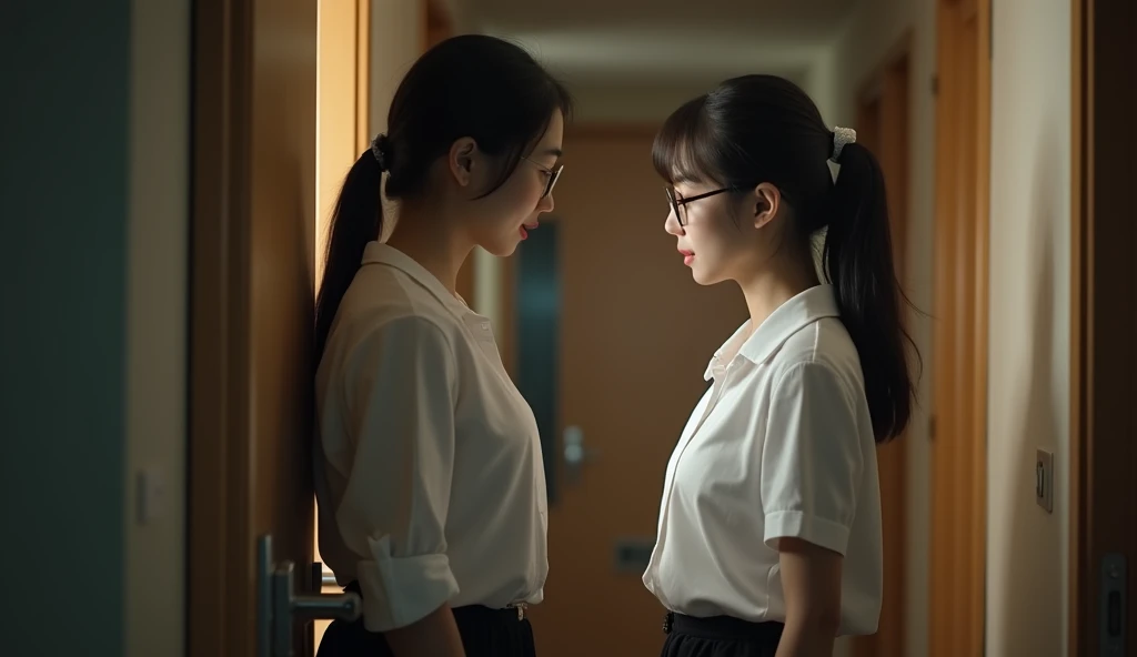 Full shot. A 40-year-old Korean woman, wearing a dress, opening the door of her apartment to a young Asian woman. Black hair tied up and glasses. School uniform, white shirt, black skirt.. cinematic. dramatic lighting