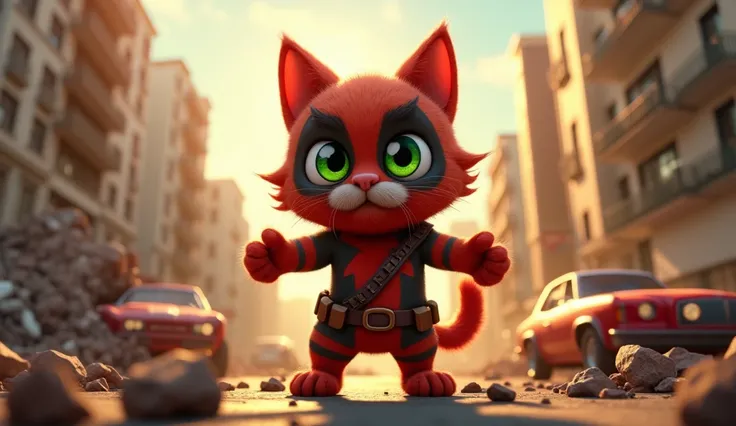  A magnificent anthropomorphic cat with fine fur, to be Deadpool ,  stands triumphantly in the middle of a porak poranda metropolis ,  with a collapsed skyscraper , overturned car ,  and street debris .  strewn around him ,  as if the feline superhero had ...